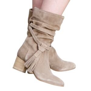 Tahari Johnny Womens Suede Leather Boho Tassel Heel Slouchy Boots Taupe Brown 8M